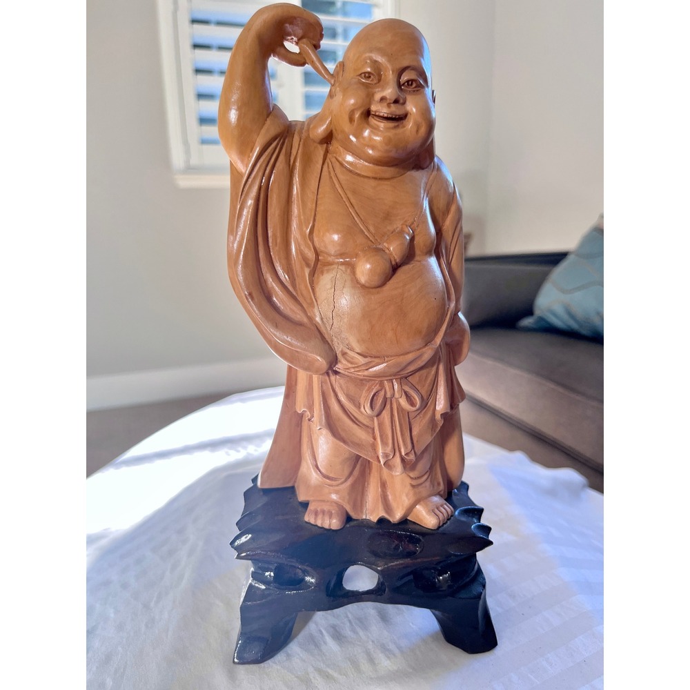 Vintage Carved Wood Laughing Buddha Statue 10.5" Happy Budai Figurine Base
